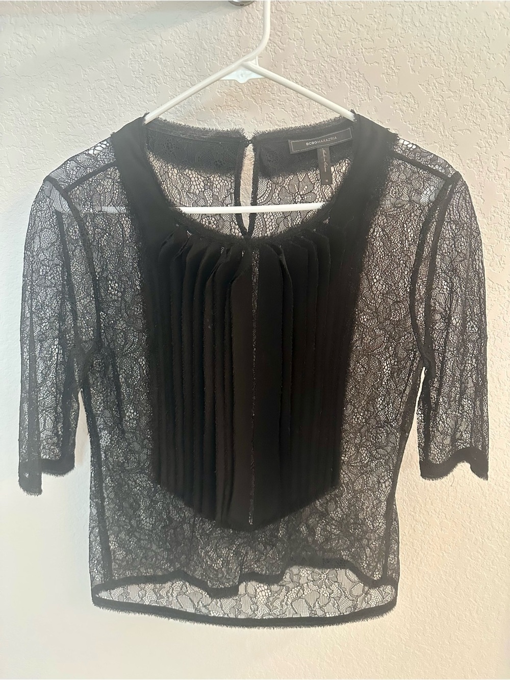 BCBGMaxAzria Black Sheer Lace Pleated Front Blouse